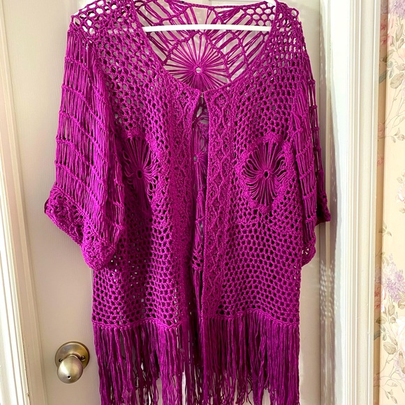 Raspberry Pink Crochet Fringe Jacket 1X - Picture 1 of 7
